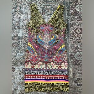Bebe Funky Boho Art-to-Wear Gypsy Paisley Fantasy Sheath Mini Dress